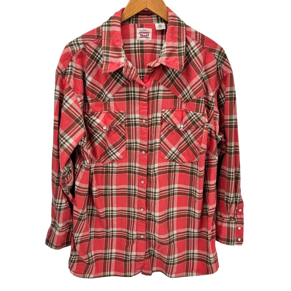 Levi's Flannel Shirt Womens 2X Pink Brown Plaid Pearl Snap Long Sleeve Cotton